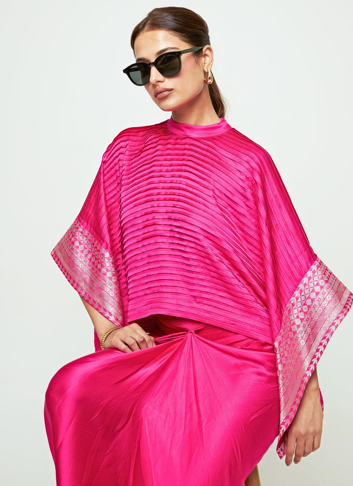 Pink Silk Pleated Top With Draped Skirt Set