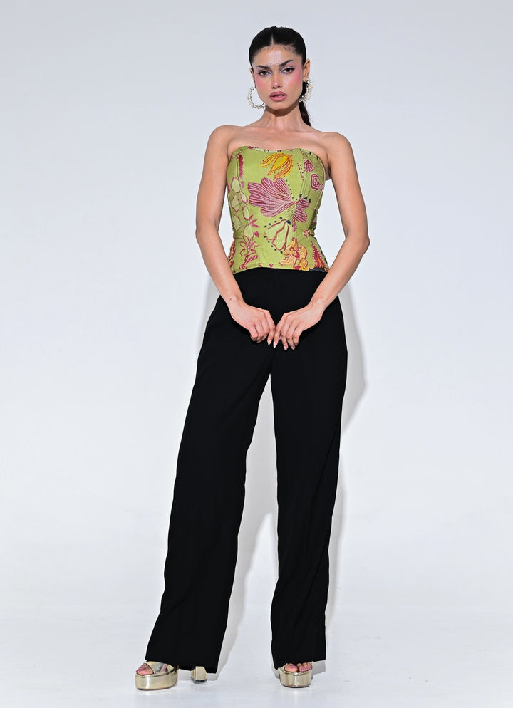 Olive Green Printed Organza Corset Top