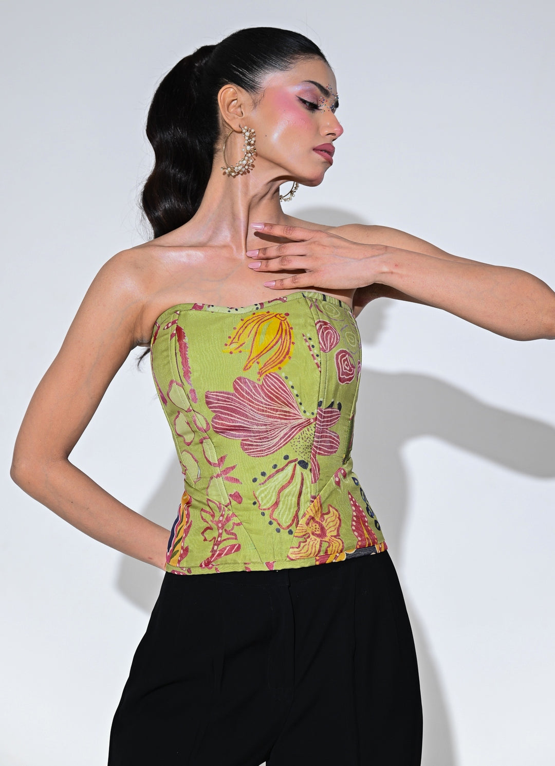 Olive Green Printed Organza Corset Top