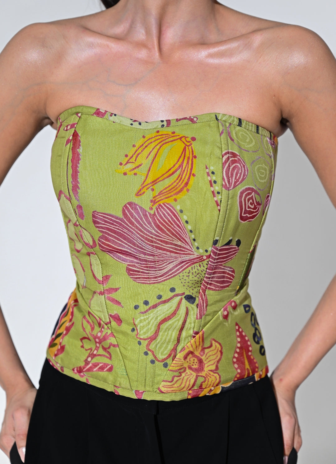 Olive Green Printed Organza Corset Top