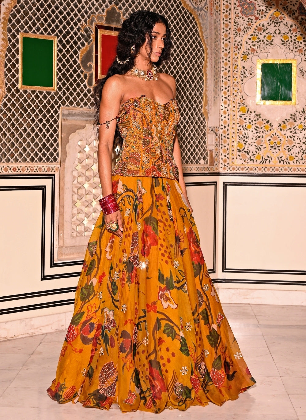 Mustard Yellow Printed Organza Corset Lehenga Set