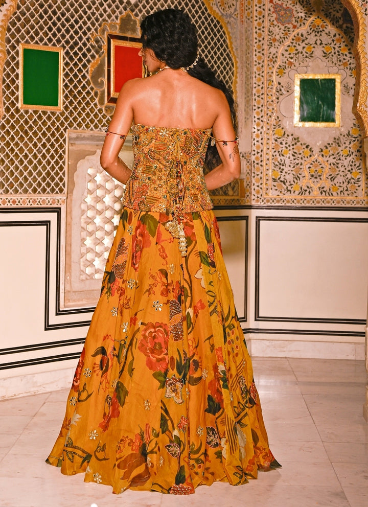 Mustard Yellow Printed Organza Corset Lehenga Set