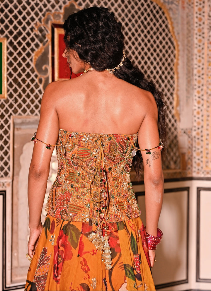Mustard Yellow Printed Organza Corset Lehenga Set