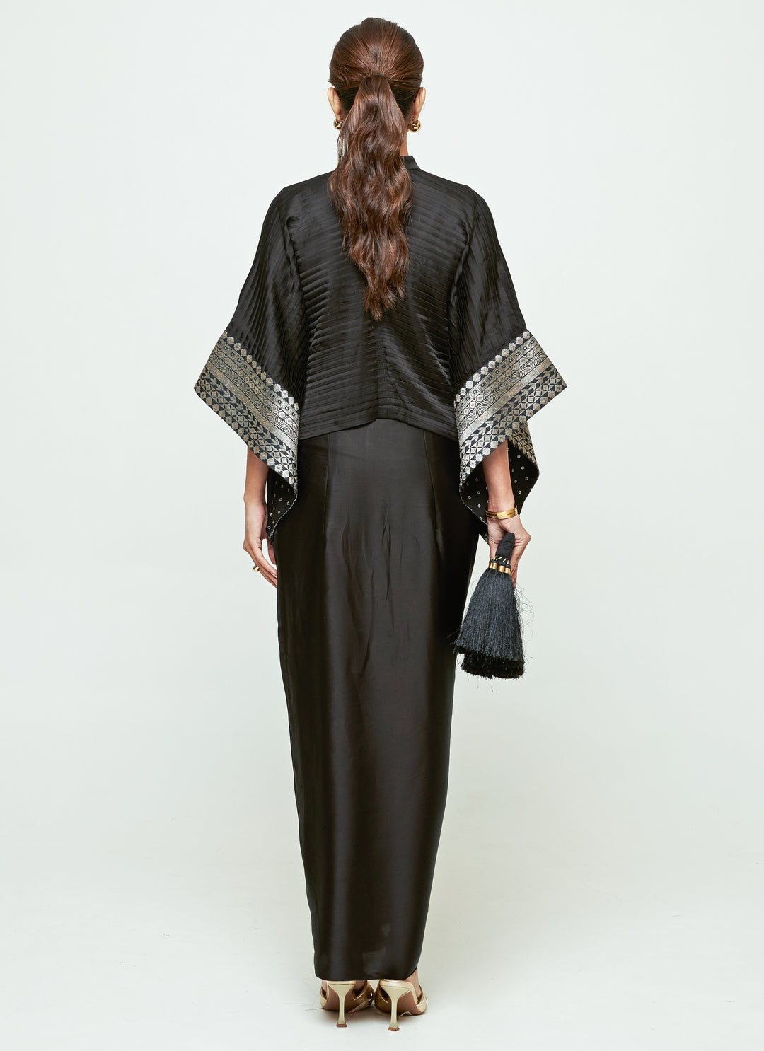 Black Silk Pleated Top With Draped Skirt Set