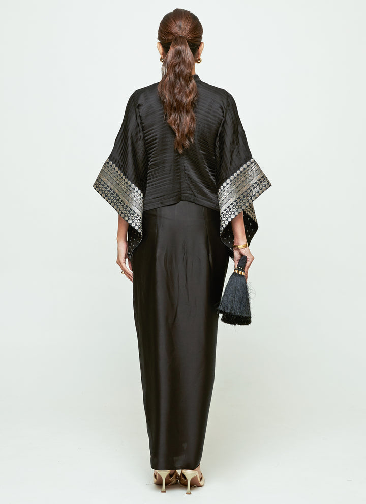 Black Silk Pleated Top With Draped Skirt Set