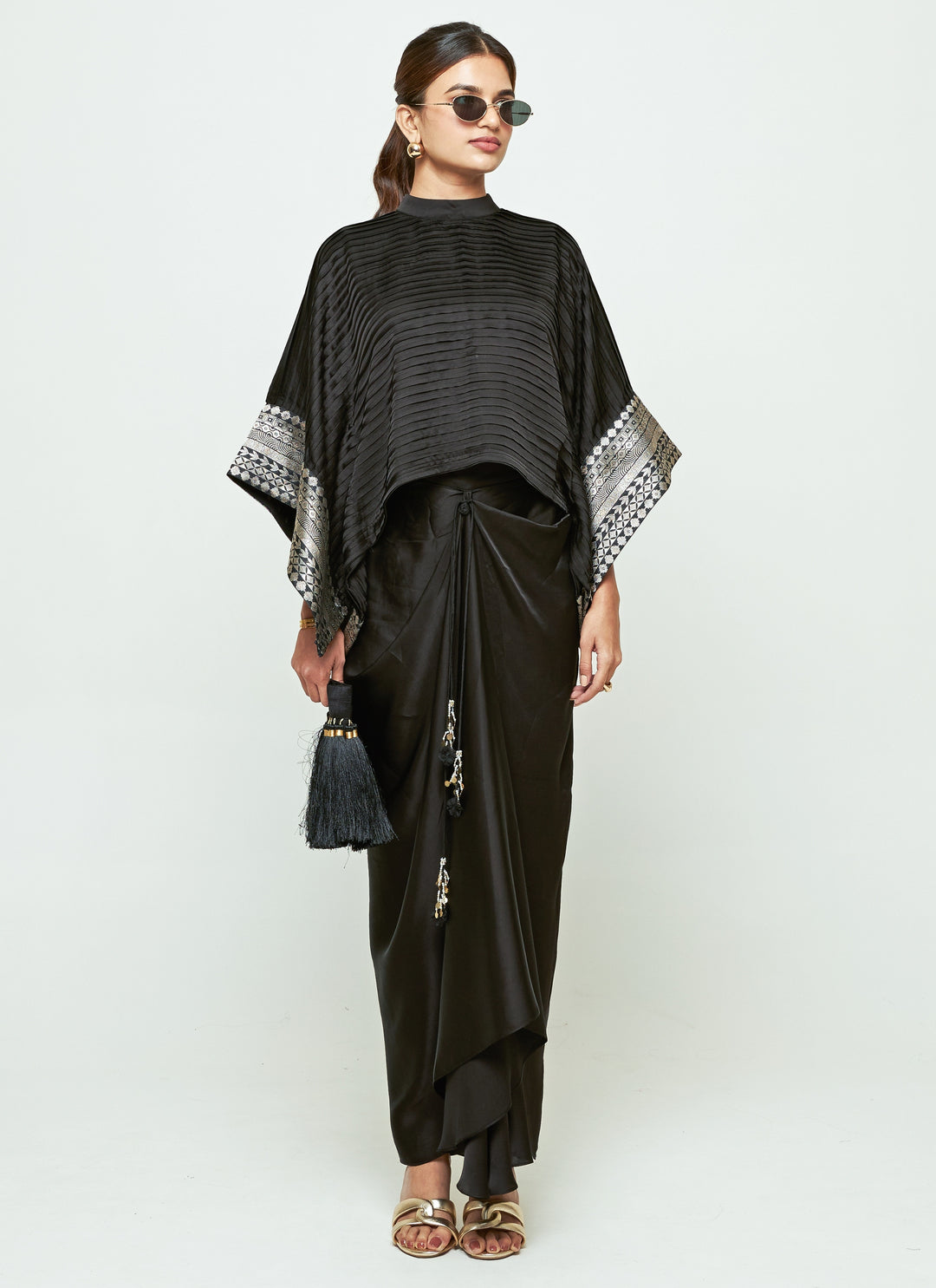 Black Silk Pleated Top With Draped Skirt Set