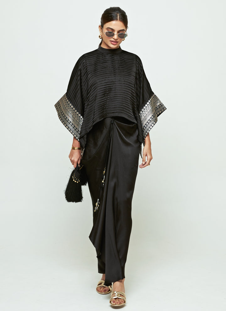 Black Silk Pleated Top With Draped Skirt Set