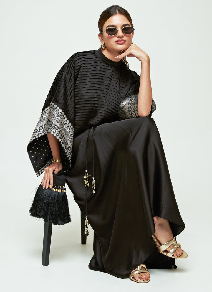 Black Silk Pleated Top With Draped Skirt Set