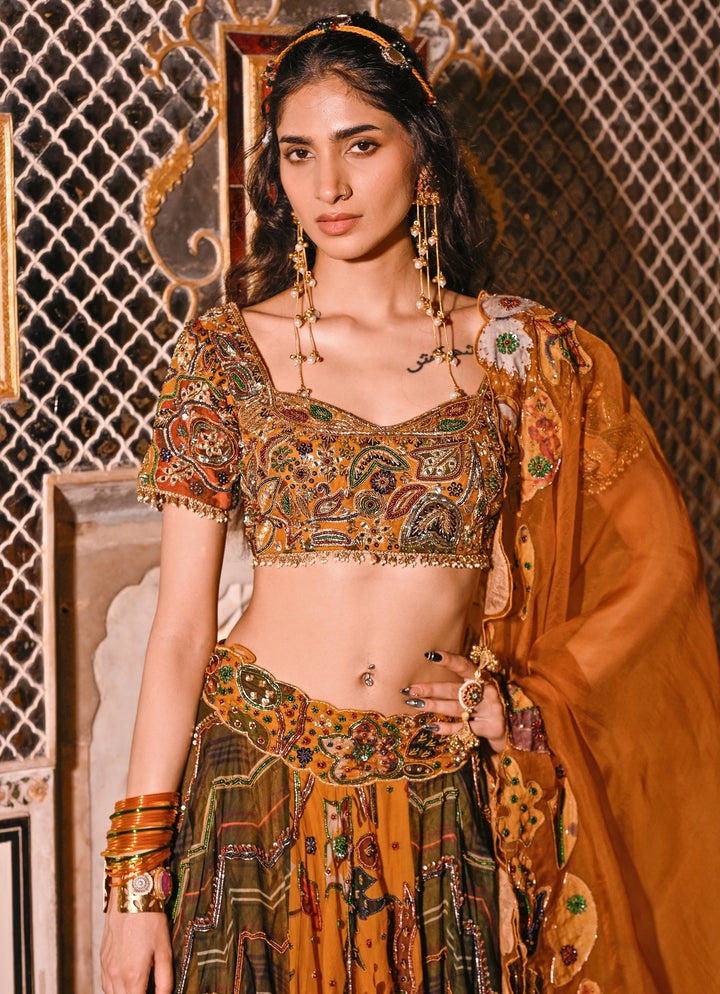 Dual Tone Printed Organza Lehenga Set