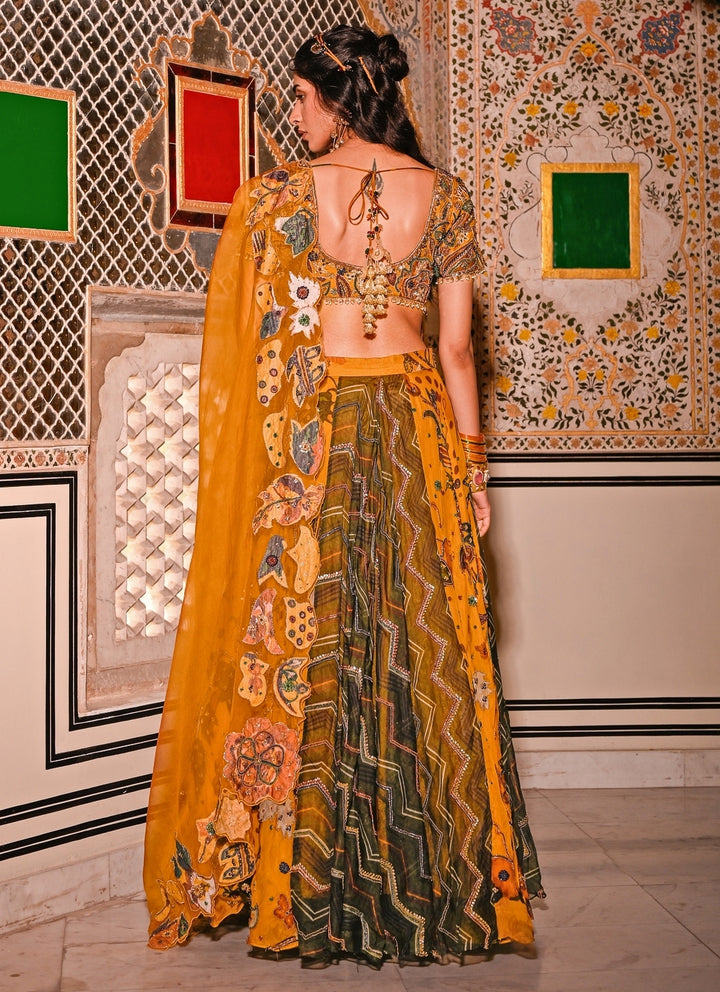 Dual Tone Printed Organza Lehenga Set