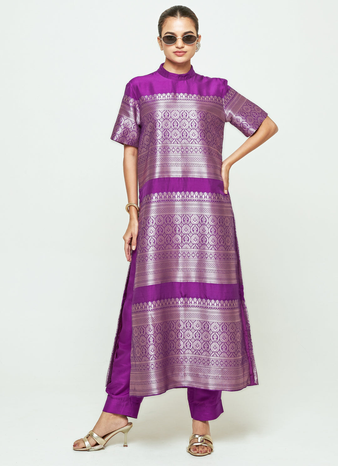 Purple Brocade Silk High Neck Kurta Pants Set