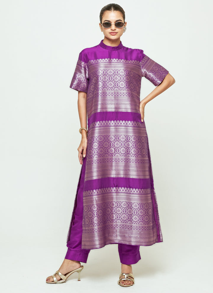 Purple Brocade Silk High Neck Kurta Pants Set