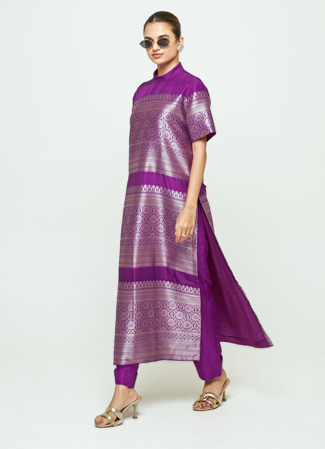 Purple Brocade Silk High Neck Kurta Pants Set