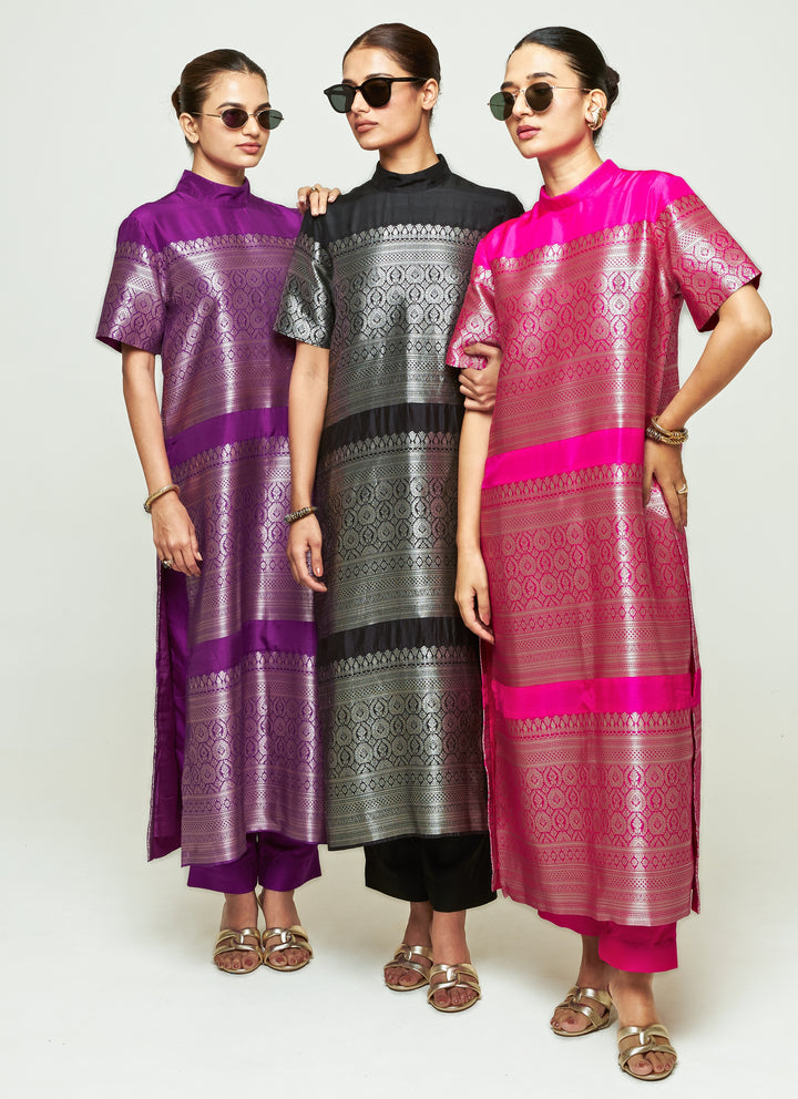 Purple Brocade Silk High Neck Kurta Pants Set