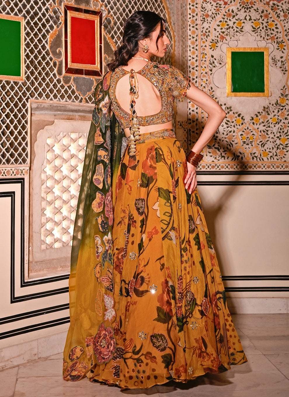 Mustard Yellow Printed Organza Lehenga Set With Cape