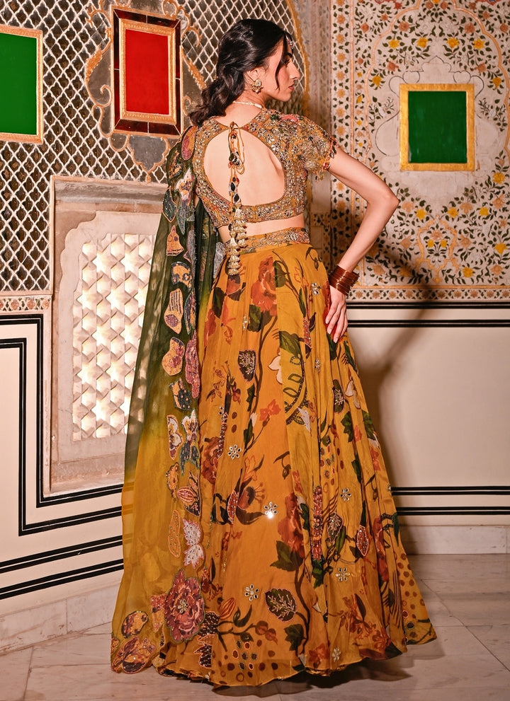 Mustard Yellow Printed Organza Lehenga Set With Cape