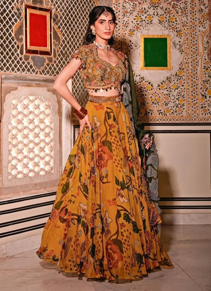 Mustard Yellow Printed Organza Lehenga Set With Cape