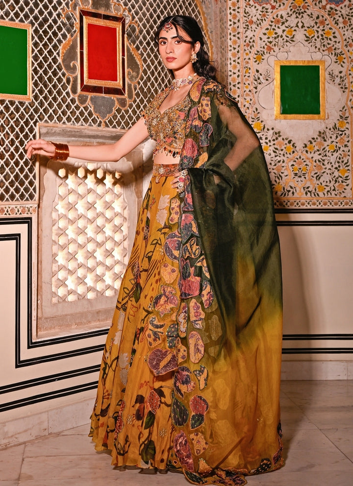 Mustard Yellow Printed Organza Lehenga Set With Cape