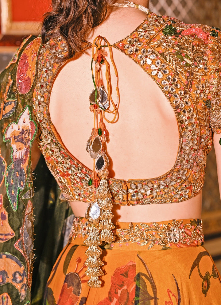 Mustard Yellow Printed Organza Lehenga Set With Cape