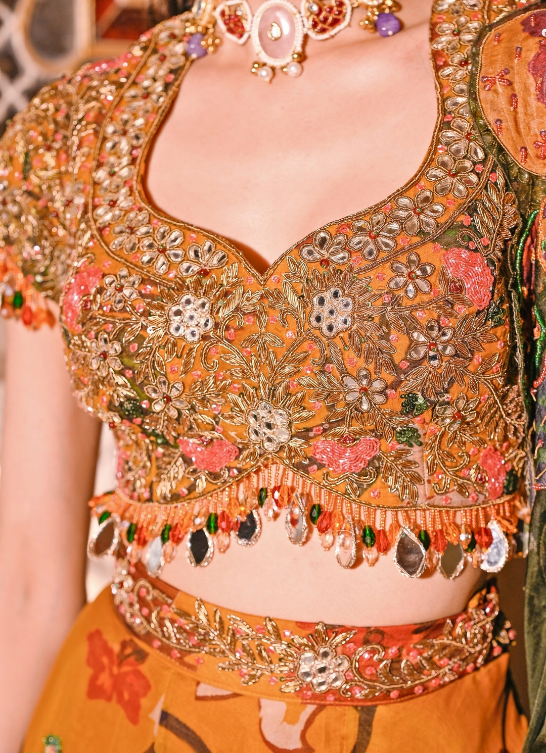 Mustard Yellow Printed Organza Lehenga Set With Cape