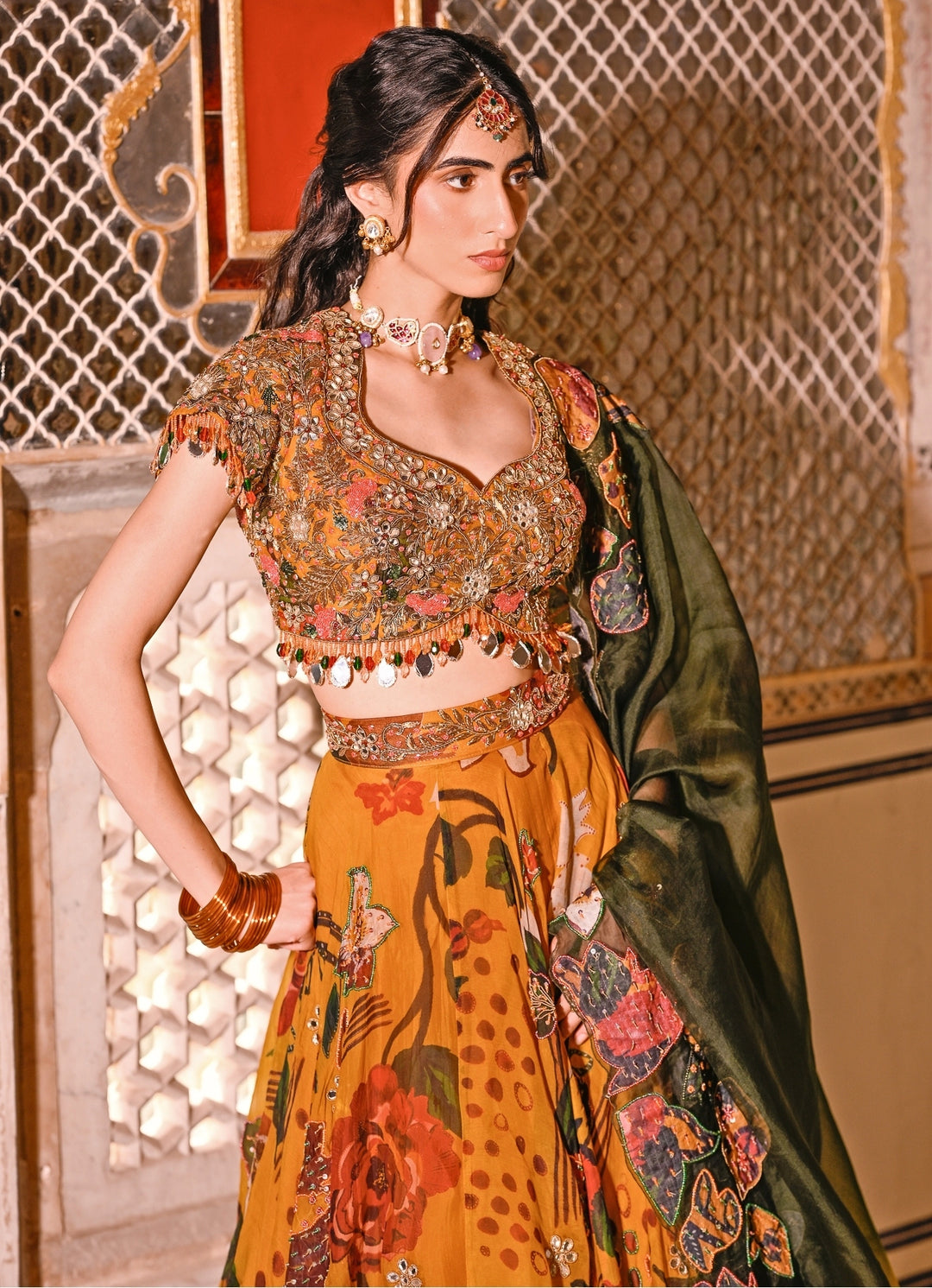 Mustard Yellow Printed Organza Lehenga Set With Cape