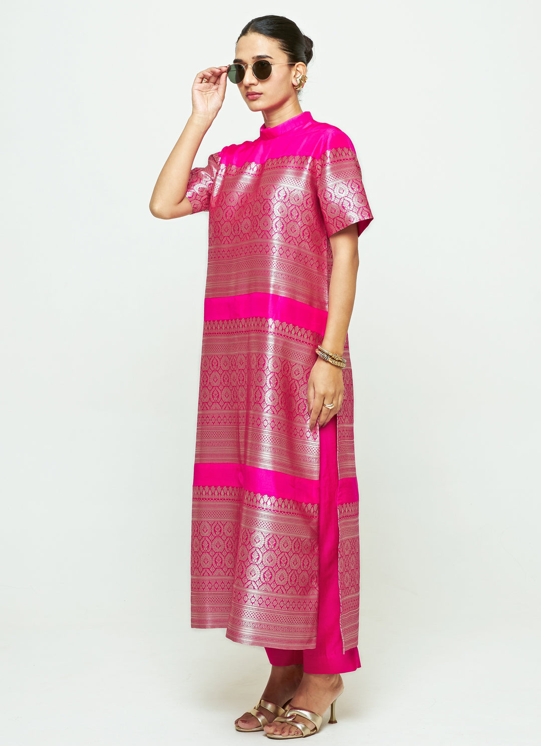 Pink Brocade Silk High Neck Kurta Pants Set