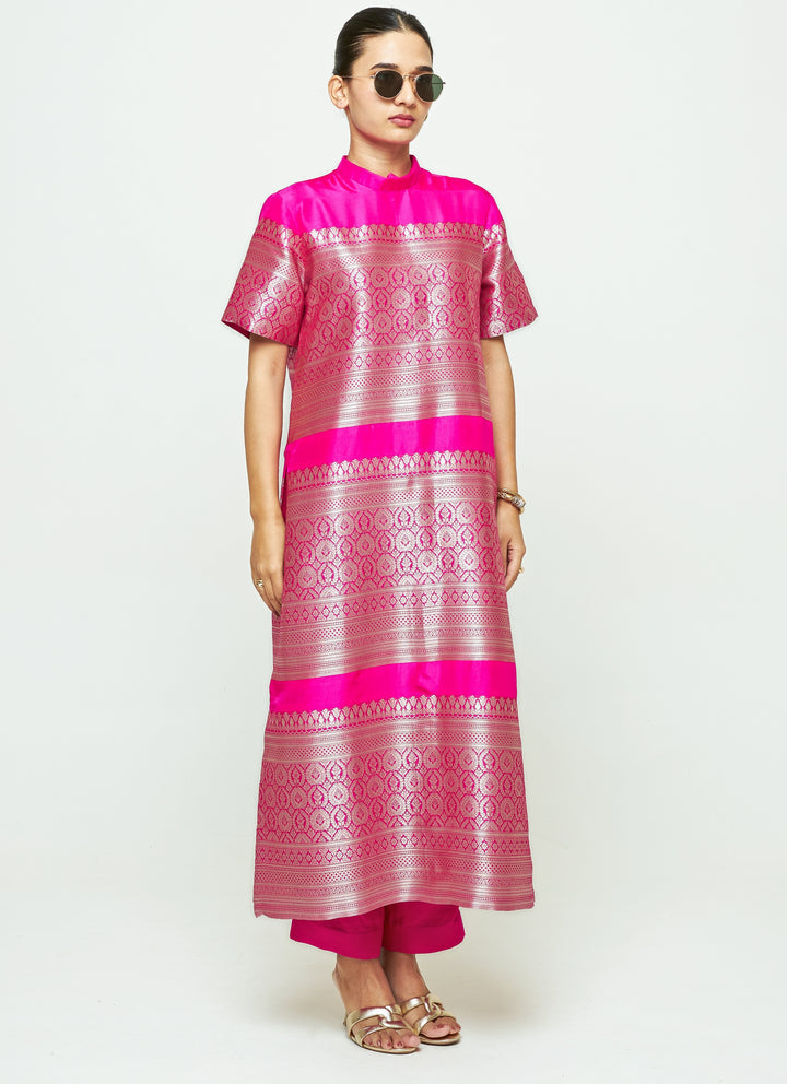 Pink Brocade Silk High Neck Kurta Pants Set