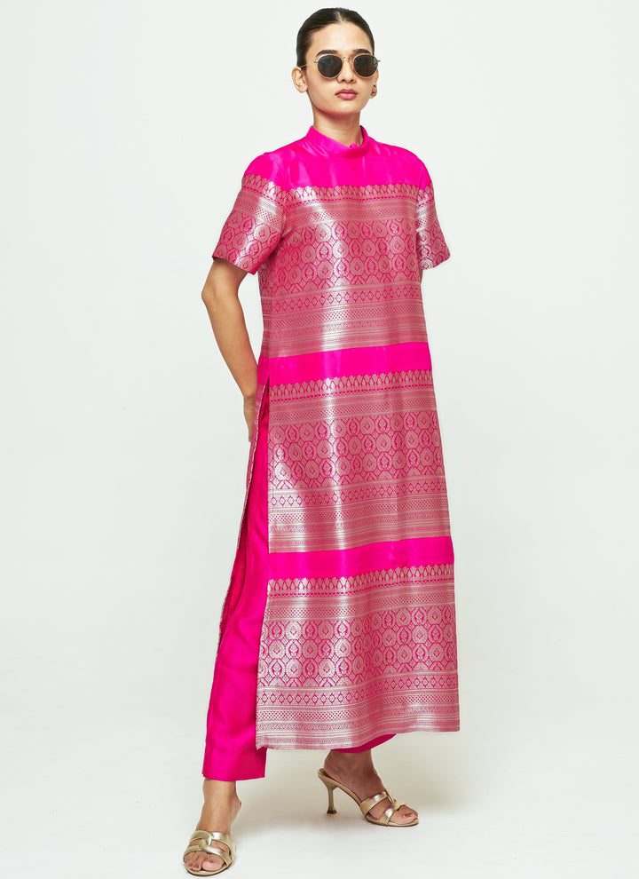 Pink Brocade Silk High Neck Kurta Pants Set