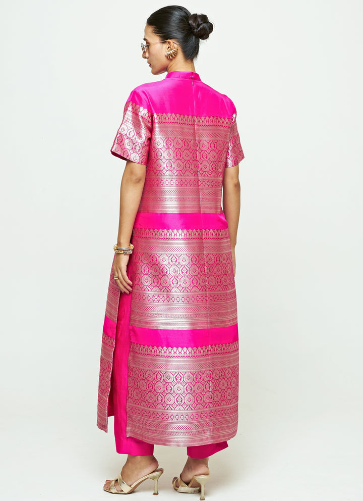 Pink Brocade Silk High Neck Kurta Pants Set
