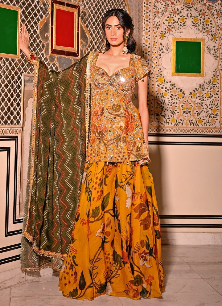 Mustard Yellow Printed Organza Kurta Lehenga Set