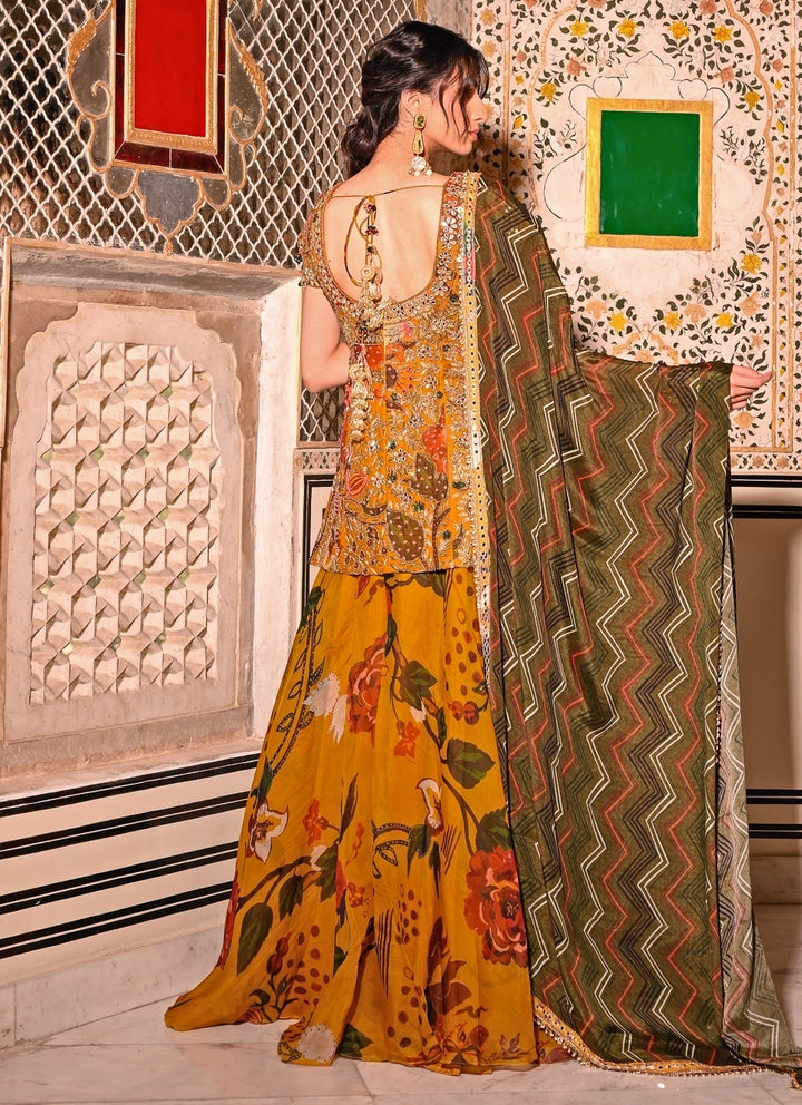 Mustard Yellow Printed Organza Kurta Lehenga Set