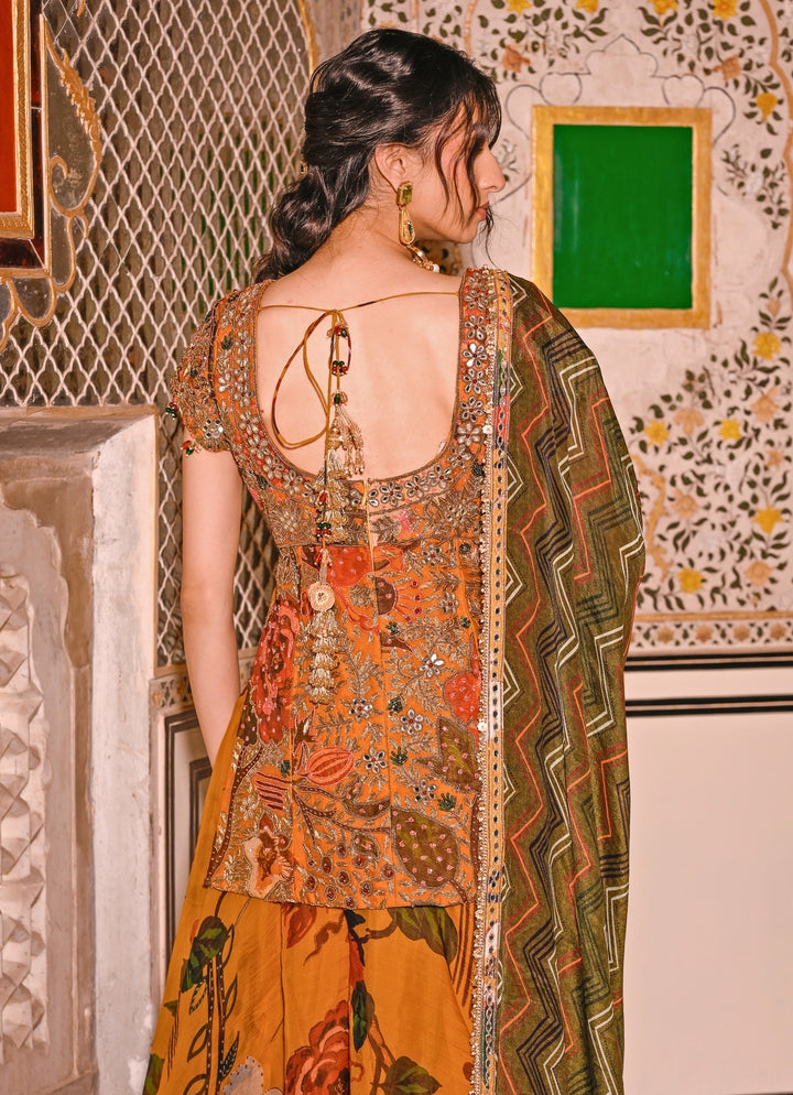 Mustard Yellow Printed Organza Kurta Lehenga Set