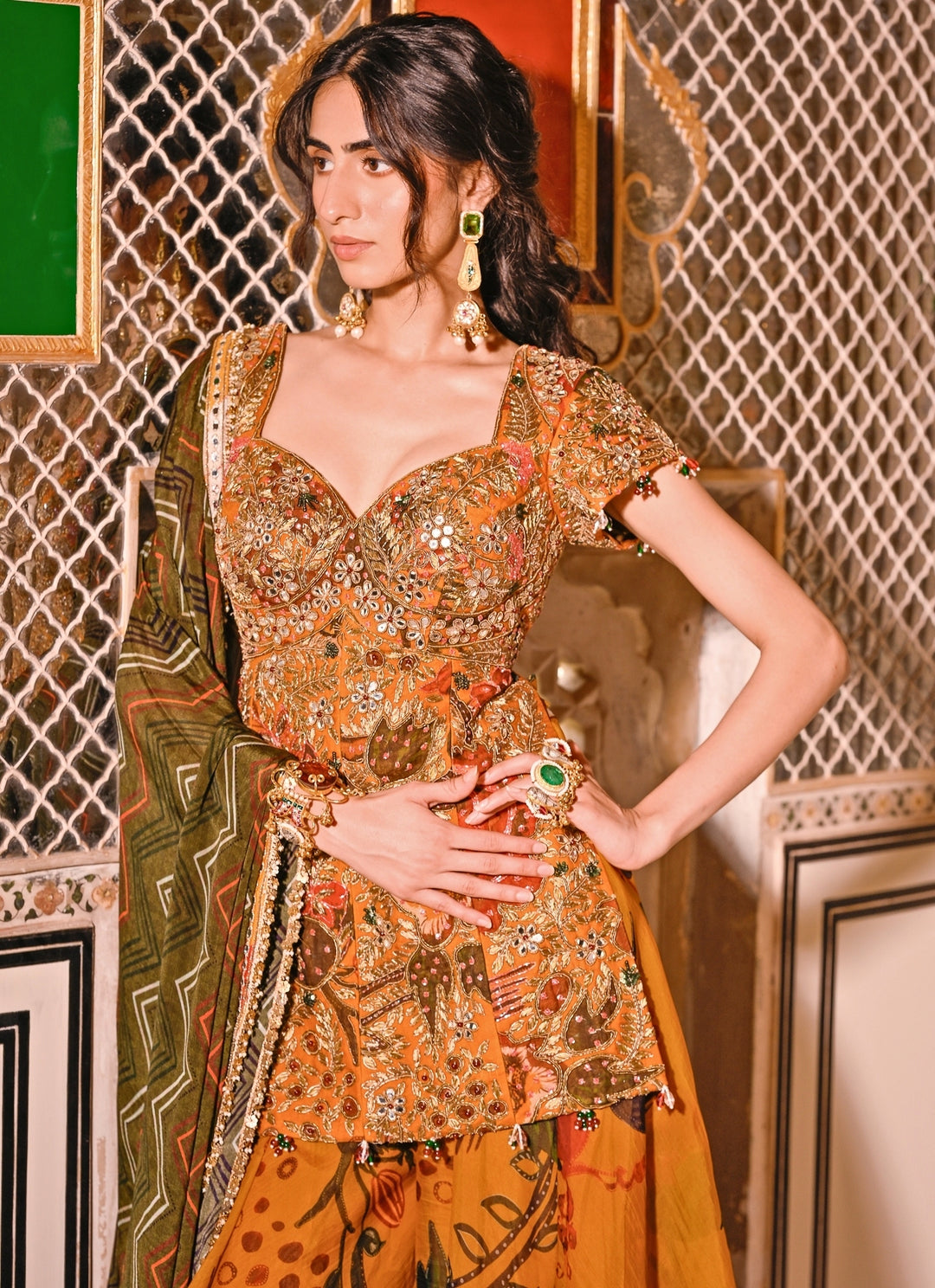 Mustard Yellow Printed Organza Kurta Lehenga Set