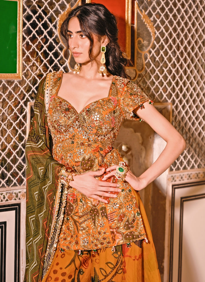 Mustard Yellow Printed Organza Kurta Lehenga Set