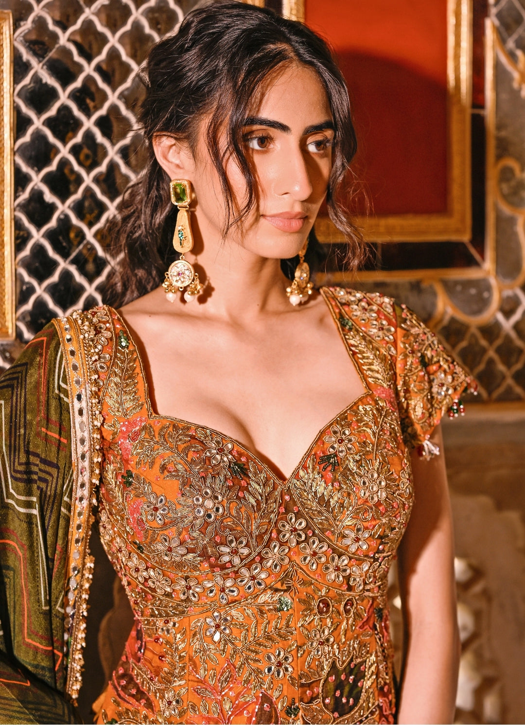 Mustard Yellow Printed Organza Kurta Lehenga Set