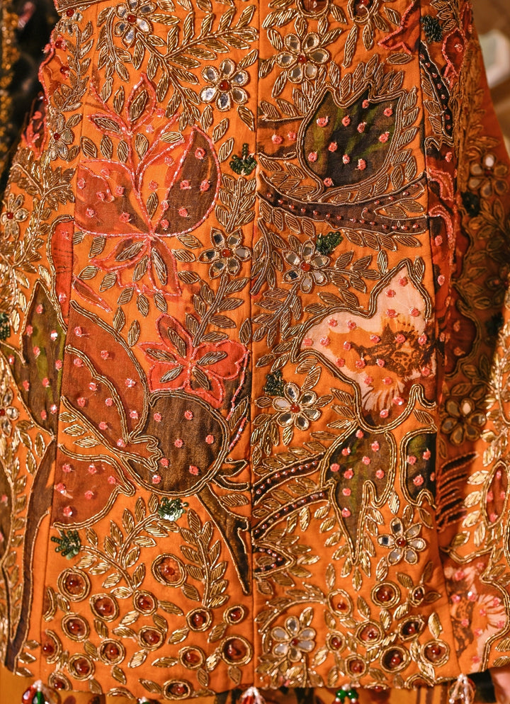 Mustard Yellow Printed Organza Kurta Lehenga Set