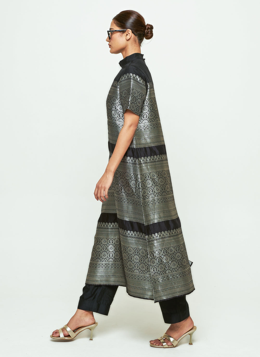 Black Brocade Silk High Neck Kurta Pants Set