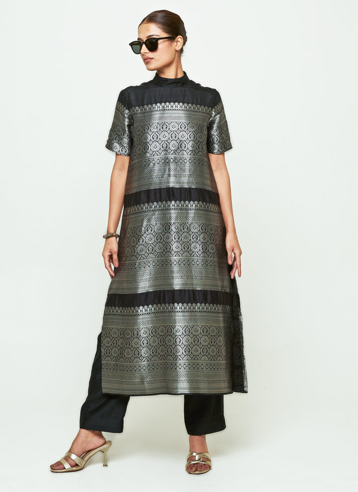 Black Brocade Silk High Neck Kurta Pants Set
