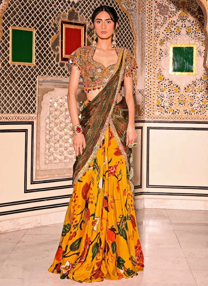 Mustard Yellow And Green Printed Organza Pre-Draped Saree