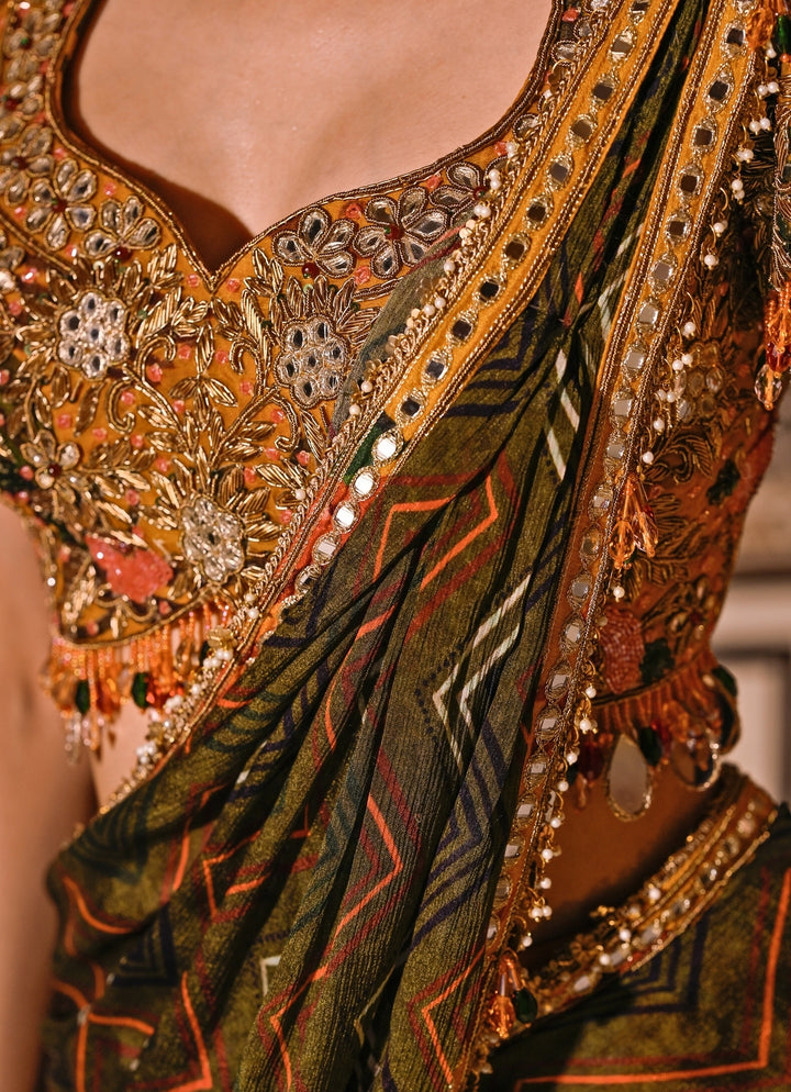 Mustard Yellow And Green Printed Organza Pre-Draped Saree
