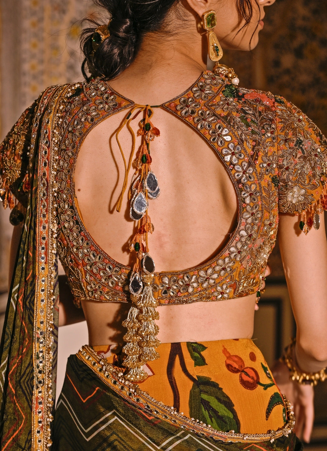 Mustard Yellow And Green Printed Organza Pre-Draped Saree