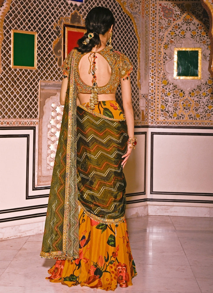 Mustard Yellow And Green Printed Organza Pre-Draped Saree
