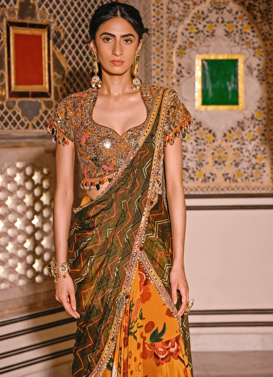 Mustard Yellow And Green Printed Organza Pre-Draped Saree