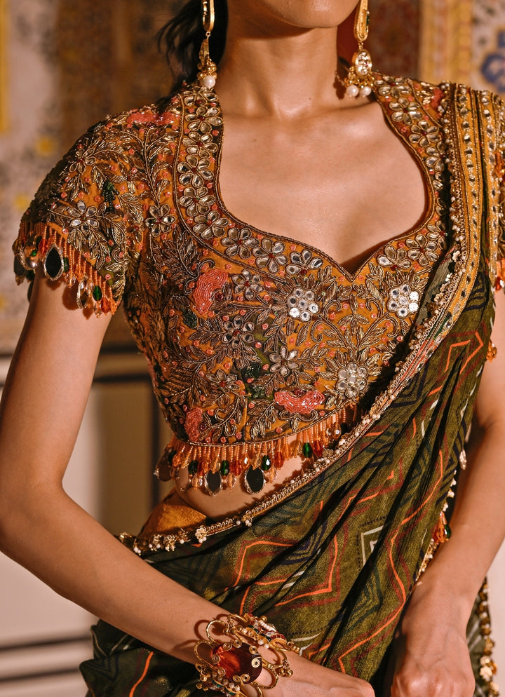 Mustard Yellow And Green Printed Organza Pre-Draped Saree