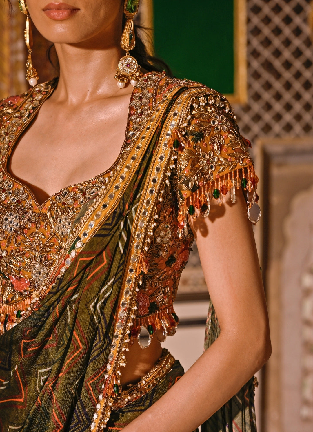 Mustard Yellow And Green Printed Organza Pre-Draped Saree