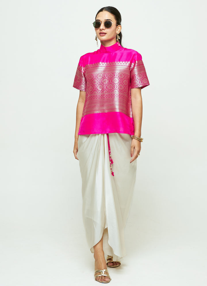 Pink Brocade Silk Top With Ivory Draped Skirt Set