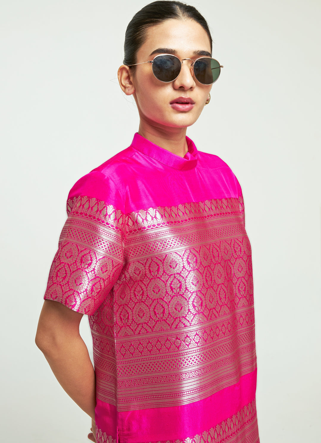 Pink Brocade Silk Top With Ivory Draped Skirt Set