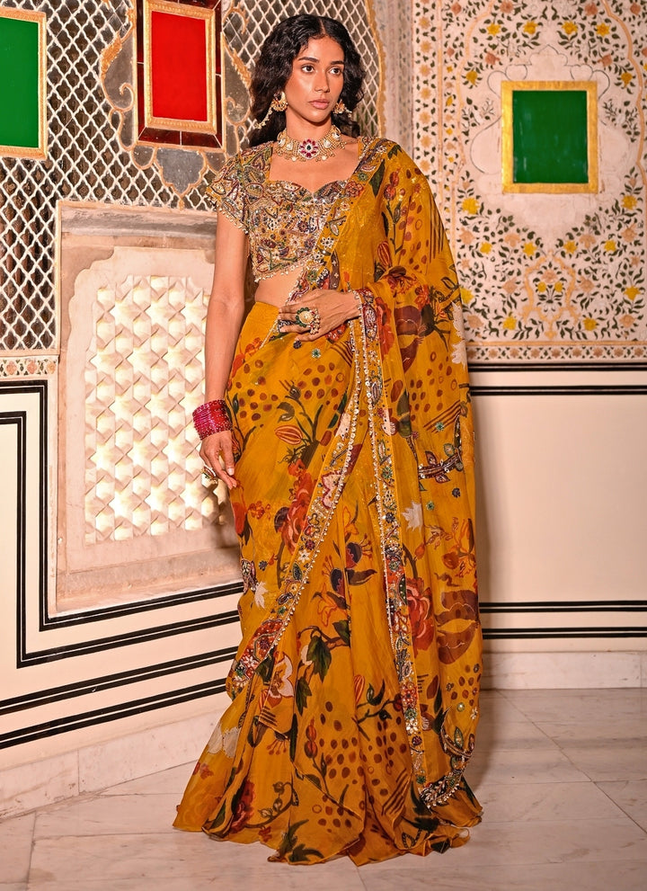 Mustard Yellow Printed Organza Pre-Draped Saree