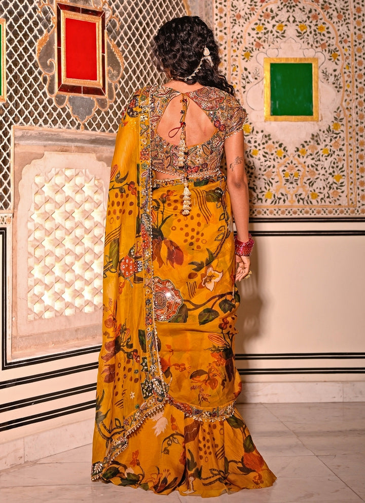 Mustard Yellow Printed Organza Pre-Draped Saree