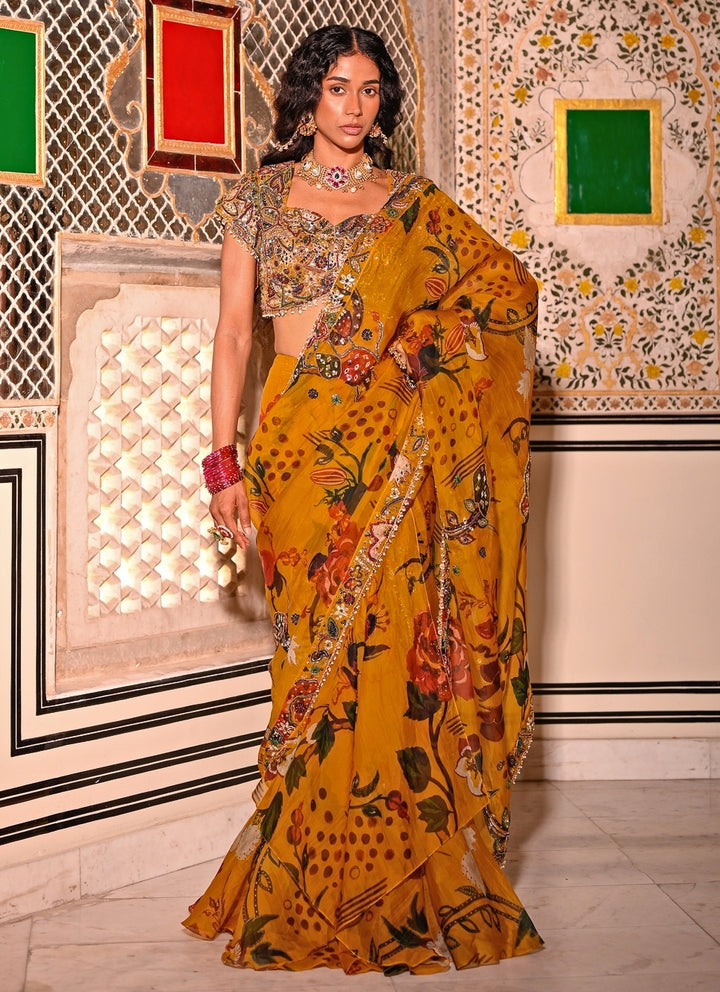 Mustard Yellow Printed Organza Pre-Draped Saree